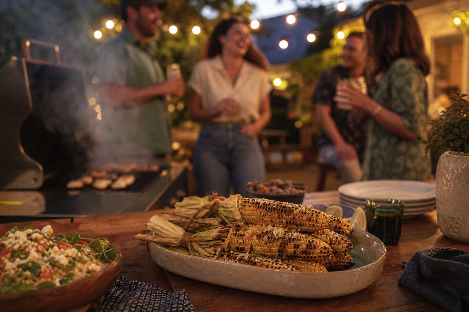 Backyard BBQ at golden hour, string lights on, charred corn on the platter, smoke still rising