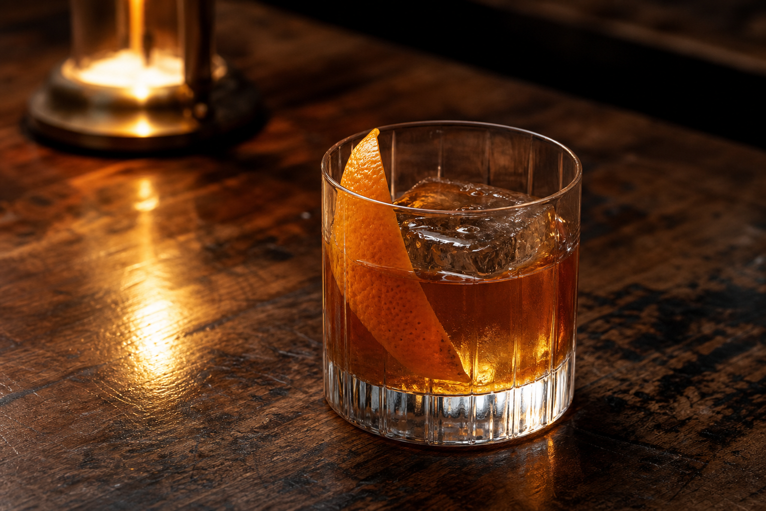 Brown butter bourbon old fashioned on a marred wood bar, orange peel curled, brass candle reflected in the glass