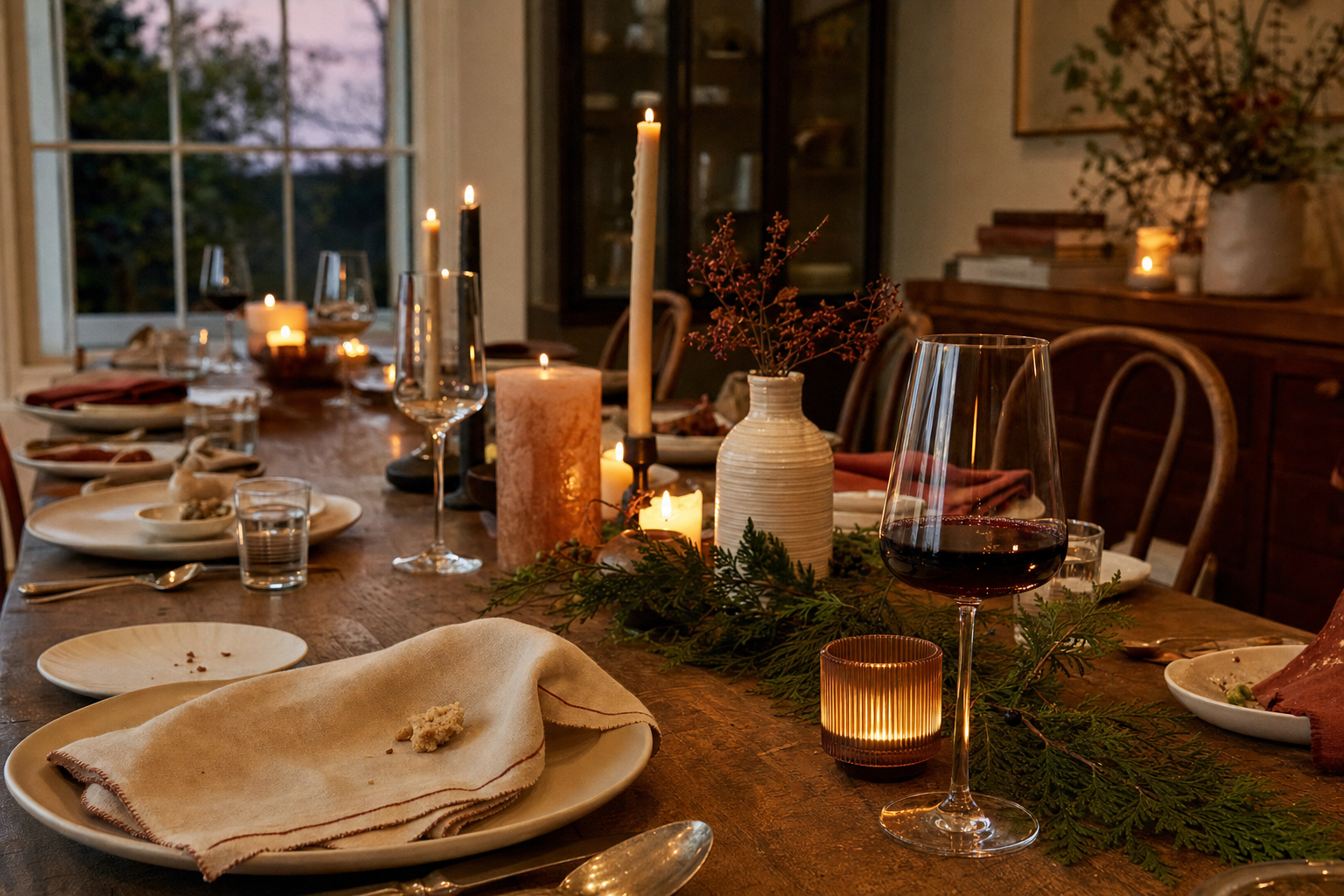 A long oak table at dusk, candles lit, wine poured, the kind of table that makes people cancel their plans