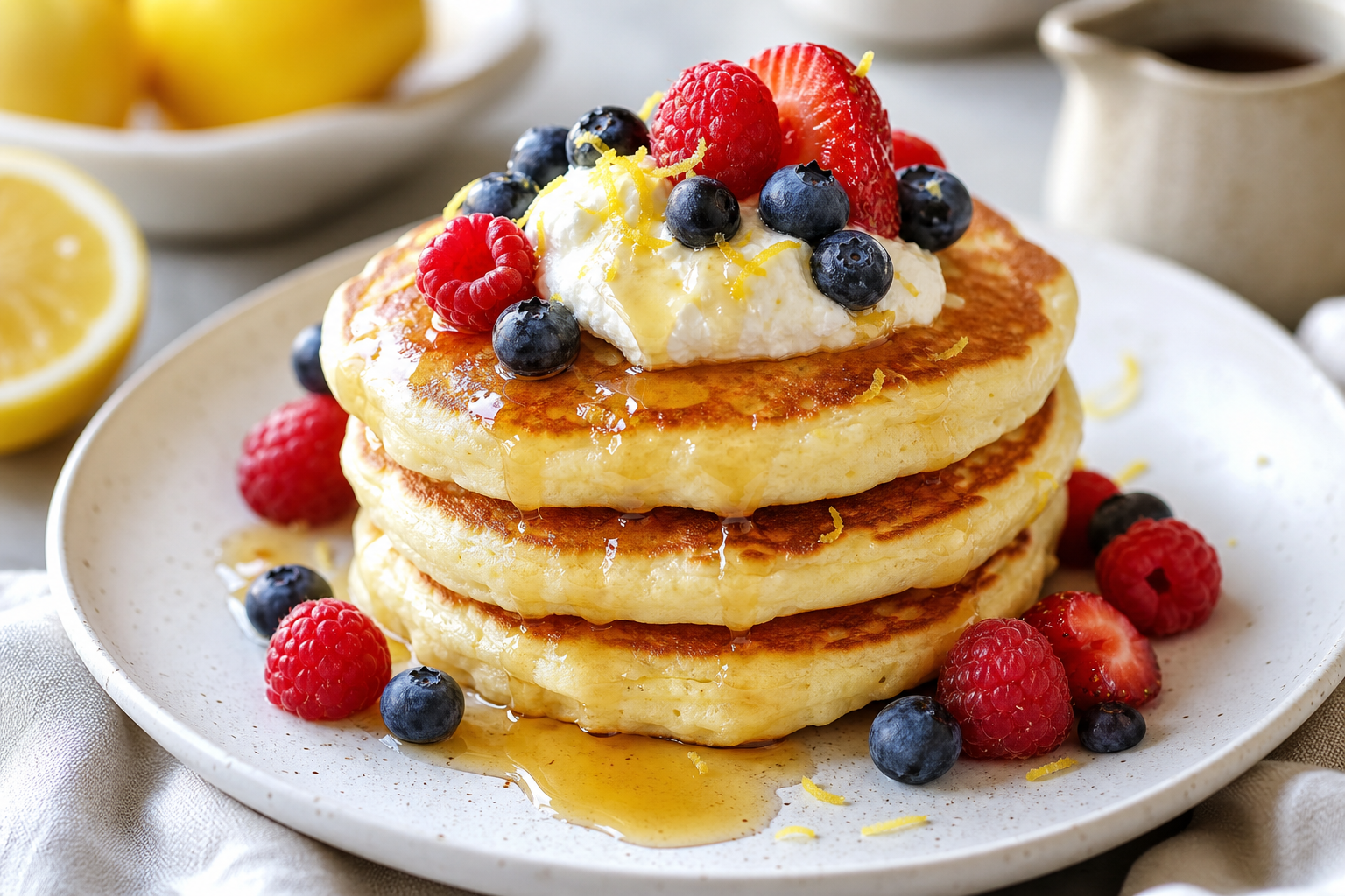 Stack of lemon ricotta pancakes with berries, syrup catching the morning light