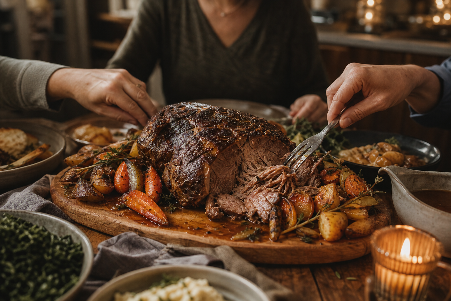Sunday pot roast carved on a board, gravy pooled, hands reaching for the last potato